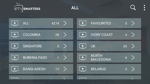 IPTV Smarters Pro. All live channels grouped by category (Sports, News, Entertainment, etc.)